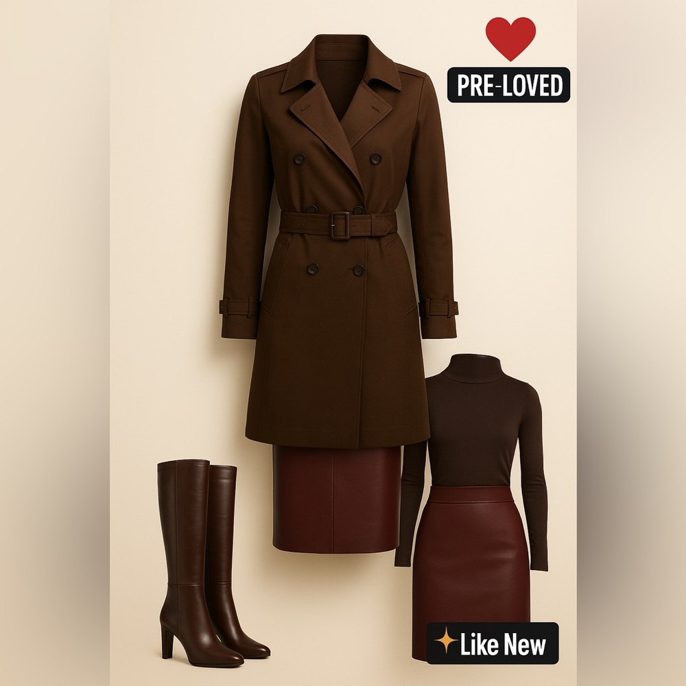 Elegant Brown Trench Coat and Skirt Set